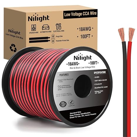 Nilight 100FT 18AWG Copper Clad Aluminum Wire 18/2 Gauge Red Black