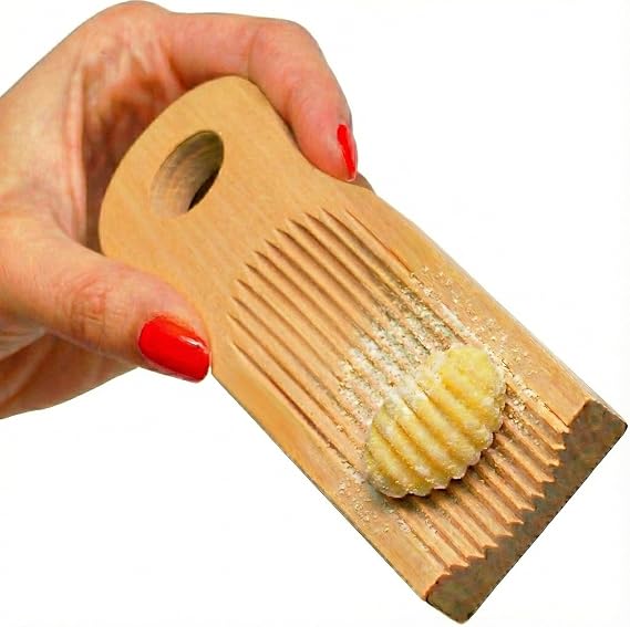 KneadEat Curved Wood Gnocchi Board Paddle for Homemade Italian Pasta | Gnocchi maker board with grooved wood paddle to shape homemade pasta ridges, sauce-holding texture, and easy hand rolling
