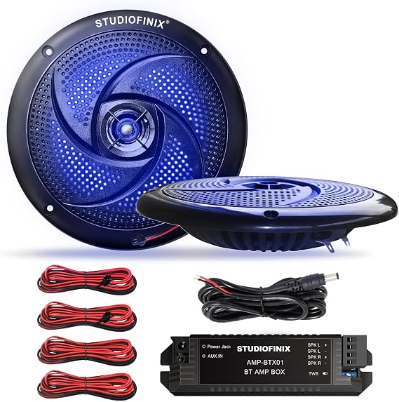 STUDIOFINIX 6.5" 240W Bluetooth Waterproof Marine Speakers - 2 Way Weather Resistant Boat Audio with LED Lights, and Low Profile Slim Style Suitable for Boat, RV, ATV, UTV, Golf Cart (1 Pair, Black)