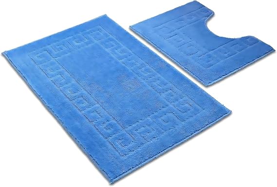 Greek Style Bath Mat Set 2-Piece Non-Slip Bathroom Mats, Shower Mat & Pedestal Mat Soft Washable Quick-Dry Bath Mats for Bathroom Floor Anti-Mould Bath Rug Set (Blue)