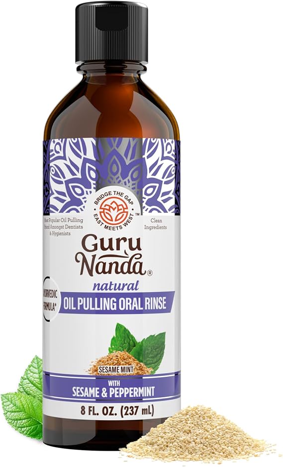 GuruNanda Sesame Oil Pulling Alcohol Free Mouthwash with Peppermint Oil 8oz