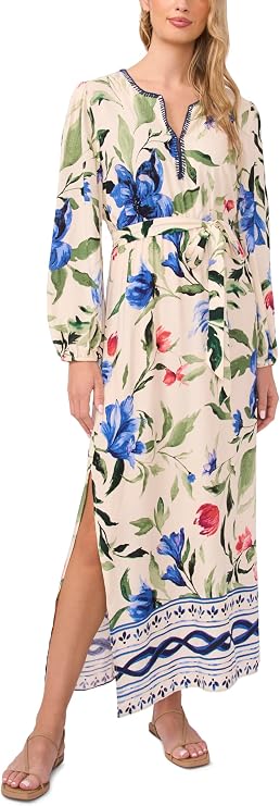 Vince Camuto Women's Double Side Slit V-Neck Long Sleeve Maxi Dress