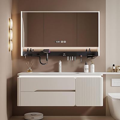Bathroom Vanity with Sink Set - Includes LED Smart Defogging Mirror Cabinet, Stylish Floating Vanity - Bathroom Sink Cabinet with Drawers & Multifunctional Shelves 32