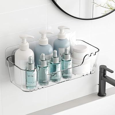 TZAMLI Acrylic Wall Mounted Shower Caddy, Adhesive Shelf with Self-Adhesive Tape, No Drilling Shower Organizer Clear Shelves for Bathroom Kitchen, Large Long