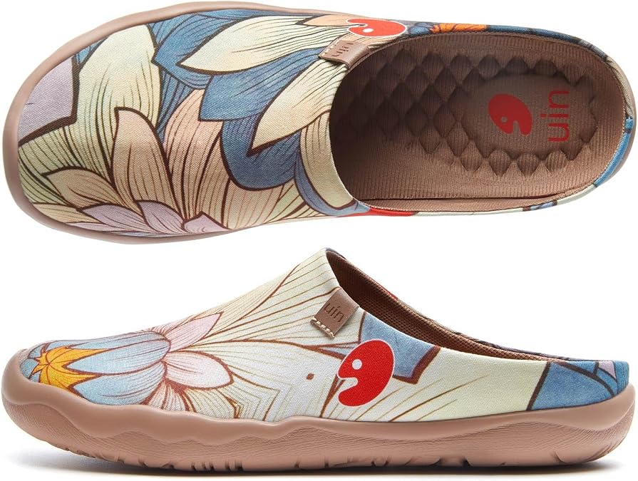 UIN Women's Slipper Fashion Canvas Comfort Travel Art Painted Shoes Wide Toe Casual Household Slip On Mules Nelumbo (8.5)