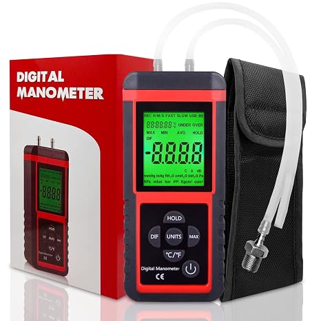 EHDIS Manometer, Professional Air Pressure Meter, Dual-Port HVAC Digital Manometers Gas Pressure Tester Differential Gauge