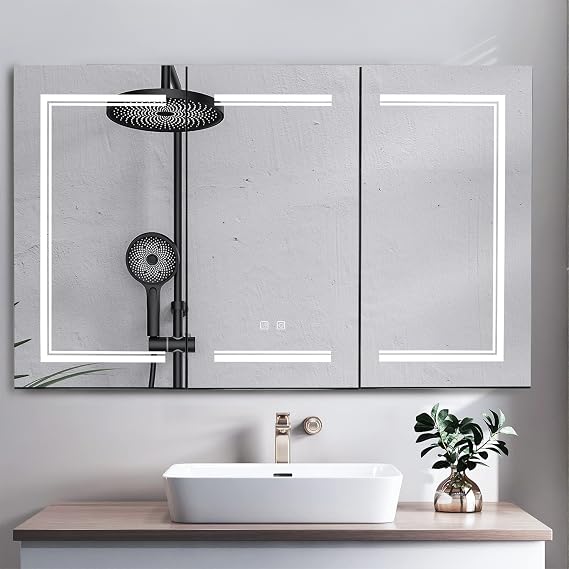 FCH 48 Inch Medicine Cabinet with LED Mirror Bathroom Wall Cabinet with Dimmable Lights, 48"28" Anti-Fog Bathroom Wall Storage with 2 Outlets 2 USB Ports 3 Inside and Outside Mirror Door
