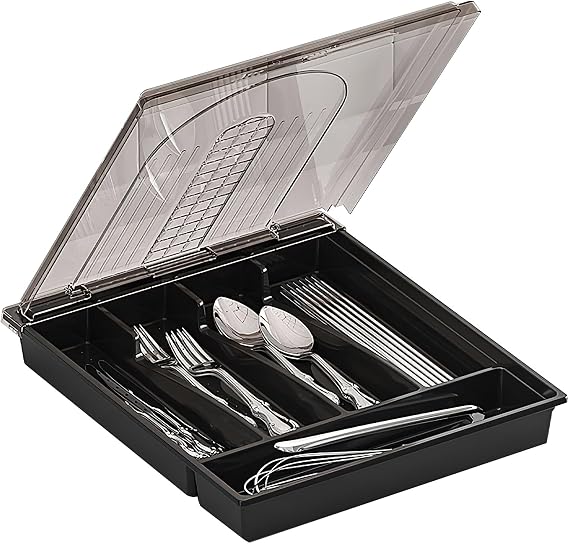 Covered Silverware Organizer for Kitchen Drawer and Countertop, 5-Compartment Cutlery Storage Box for Spoons, Forks, Knives (Black)