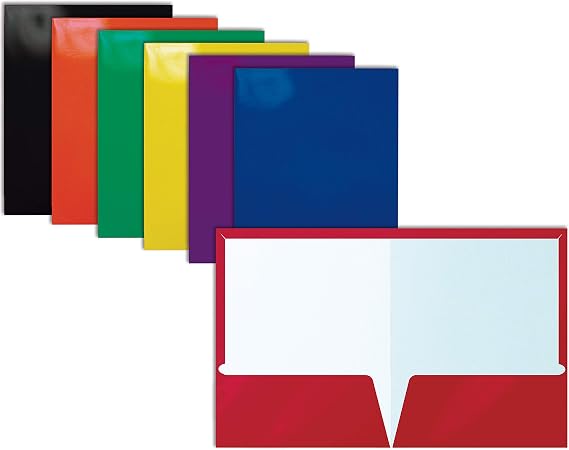 Better Office Products 2 Pocket Glossy Laminated Paper Folders, Assorted Colors, Letter Size, Paper Portfolios Box of 25 Assorted Color Folders (no prongs)