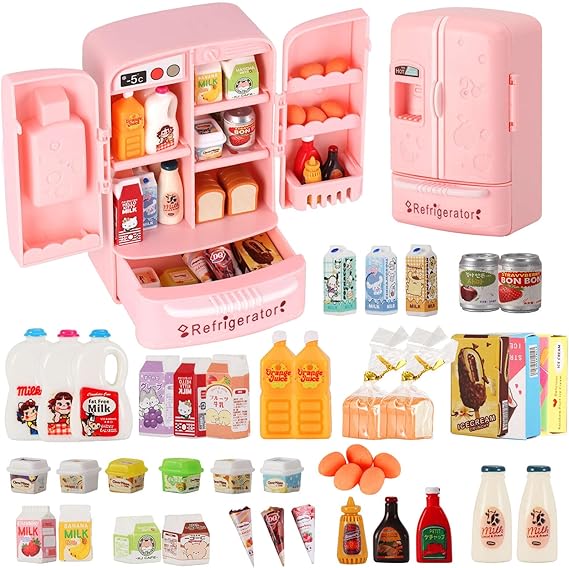 Mini Refrigerator Toy, Fill The Fridge with Ice Cream, Juice & 40+ Mini Food Toys for Dollhouse Accessories & Kitchen Playset. Realistic Refrigerator Play Gift for Kids.