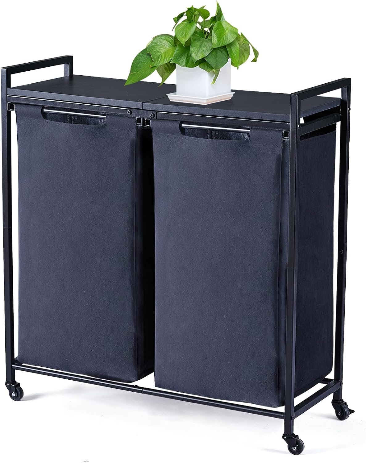 Mxfurhawa Laundry Hamper with Wheels,Rolling Laundry Basket with Shelf,Laundry Sorter Removable Laundry Bags,10.37gal Capacity, Large Laundry Basket with Wheels for Home, Laundry Room Dark Gray-2
