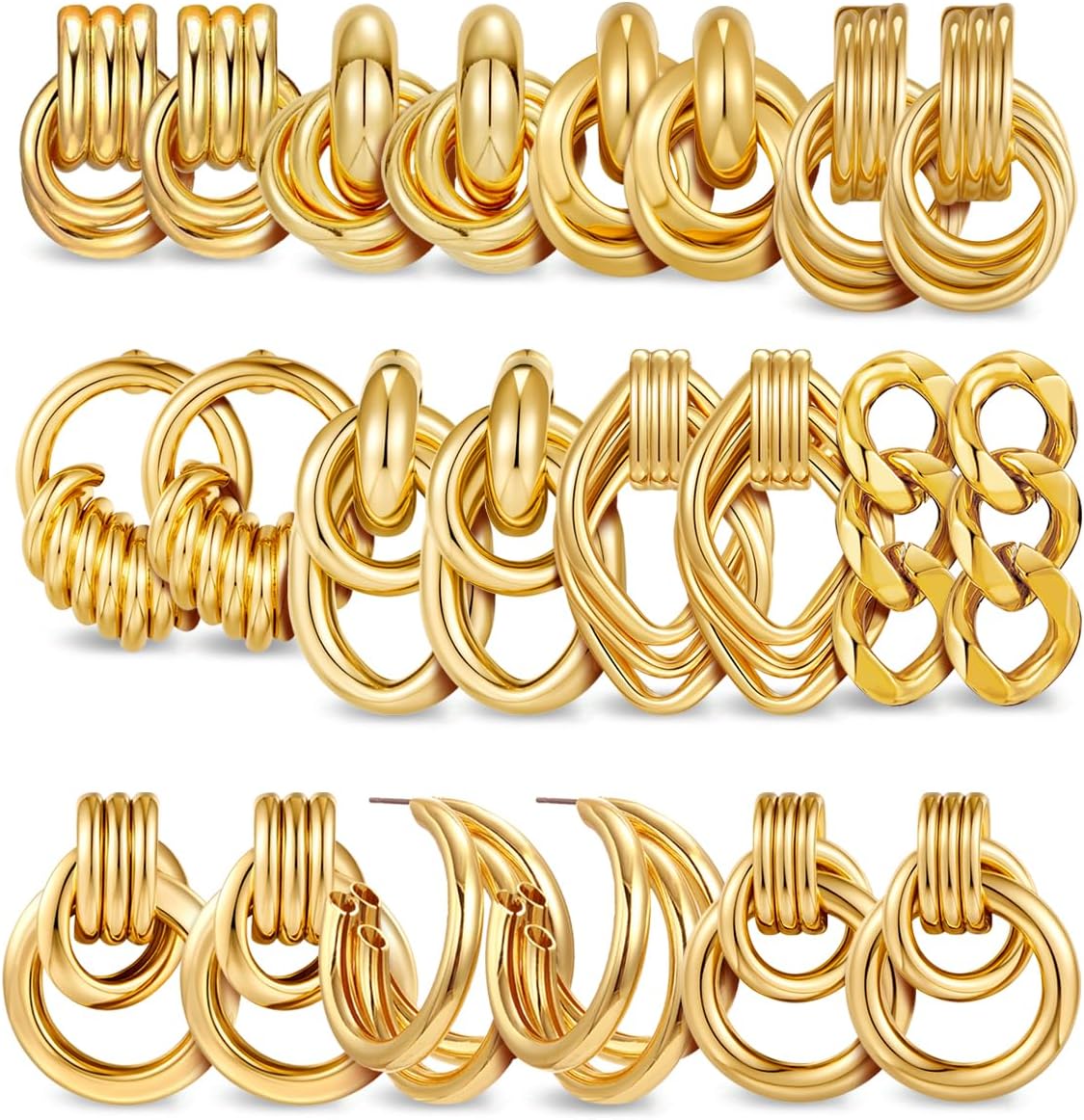 11 Pairs Trendy Gold Knot Earrings for Women Chunky Statement Long Link Drop Dangle Earrings Lightweight Hypoallergenic Fashion Jewelry Set