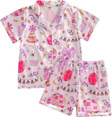 MAINESAKA Toddler Girl Summer Pajamas Baby Satin Pajama Set 2 Piece Button Down Pjs Short Sleeve Top And Shorts Sleepwear