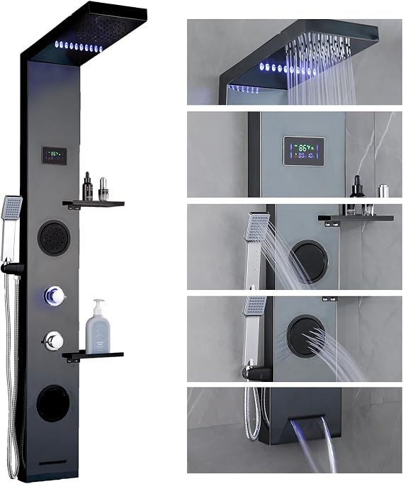 LED Black Shower Panels Tower System with Storage Shelf, LCD Temperature Display 304 Stainless Steel with Rainfall Shower Head with Handheld Massage Body Jets Bathroom Matte Waterfall Bathtub