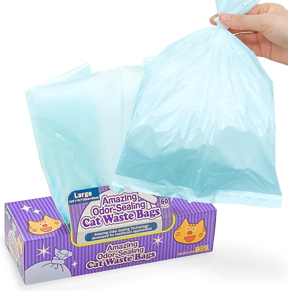 BOS Amazing Odor Sealing Cat Waste Disposal Bags - Durable, Unscented [Size: L, Color: light blue] (60 Count, Pack of 1) (60 Bags) NOT a litter box liner