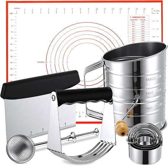 10 Pcs Pastry Biscuit Cutter for Baking Set Stainless Steel | Include 3 Cup Flour Sifter, Biscuit Cutter, Pastry Scraper Dough Scraper, Silicone Baking Mat, Mesh Strainer, for Cookies
