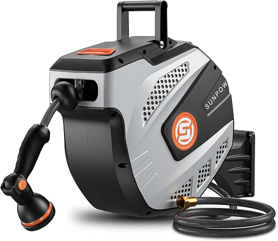 SUNPOW Retractable Garden Hose Reel - 1/2 inch x 115ft Heavy Duty Wall Mounted Hose Reel with 3/4 inch Brass Fitting & 10 Sprayer Nozzle - Any Length Lock, Auto Rewind System, 180Swivel Bracket- Grey
