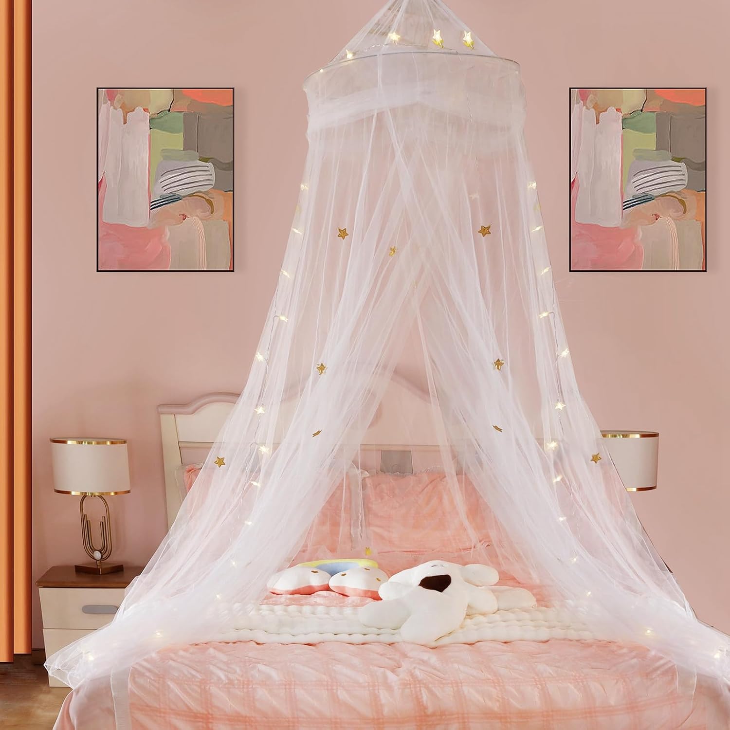 Bed Canopy for Girls with Star Lights - Gold Star Princess Bed Canopy, Mosquito Net for Bed | Canopy Bed Curtains for Kids, Toddlers, Boys & Girls | Fits TwinFullQueenKing Beds | Reading Nook Decor