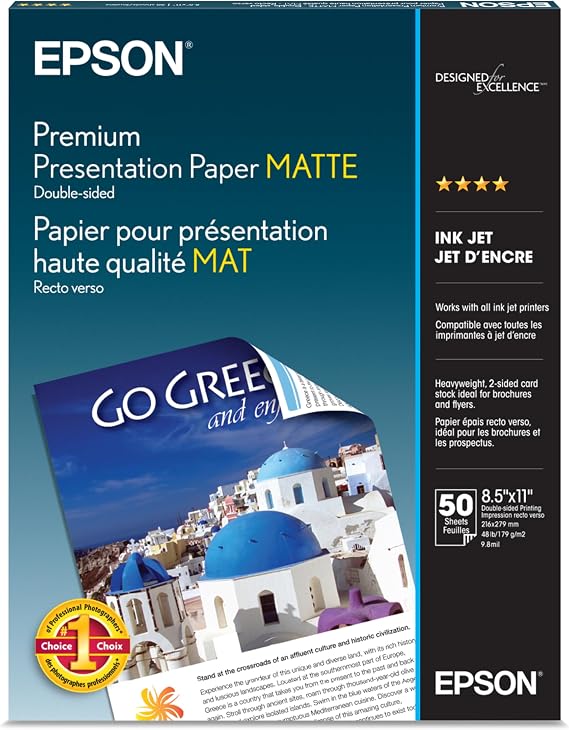 Epson Premium Presentation Paper MATTE (8.5x11 Inches, Double-sided, 50 Sheets) (S041568),Bright White | Heavy weight, double-sided card stock with elegant matte finish. Works with inkjet printers.
