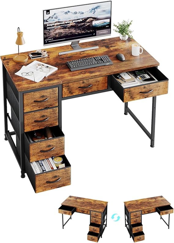MUTUN 100x48 cm Desk, Small Computer Desk with 6 Fabric Drawers, Reversible Home Office Desk with Adjustable Feet, Work Desks for Office, Study, Vanity Table for Bedroom, Rustic Brown