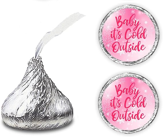 Pink Baby its Cold Outside Kisses Stickers, (Set of 216), Snowflakes Baby Shower Chocolate Drops Labels Stickers, Party Favors Decor for Kisses. Made in USA