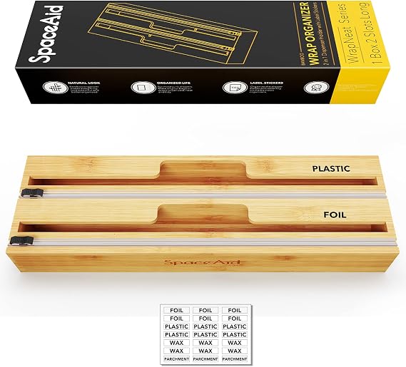 SpaceAid 2 in 1 Long Wrap Dispenser (Need 3" Deep Drawer) with Cutter, Plastic Wrap, Aluminum Foil Dispenser for Kitchen Drawer, Bamboo Roll Organizer Holder, Compatible with 15" Roll