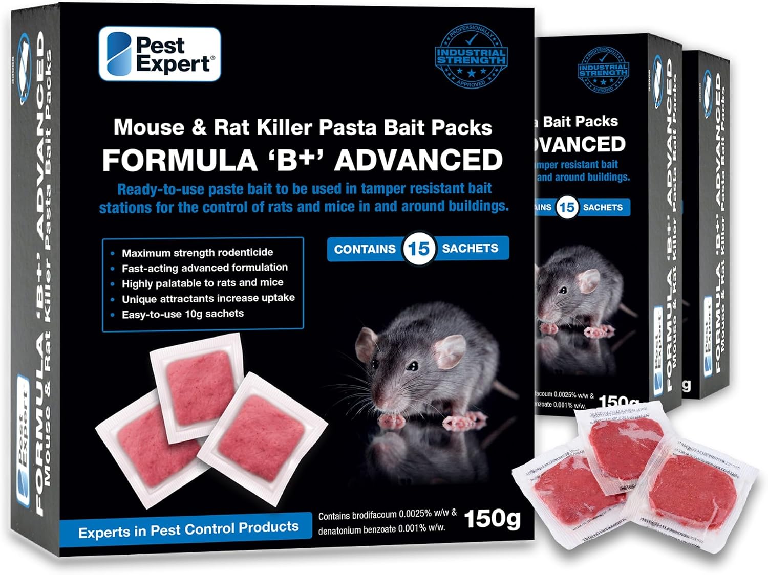 Pest Expert Formula B Advanced Rat & Mouse Poison Pasta Bait Sachets 450g 3 x 150g Maximum Super Strength - Single Feed Brodifacoum