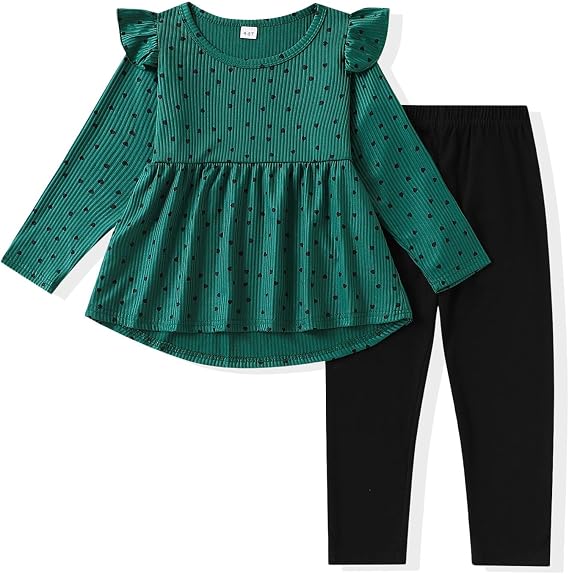 Toddler Girl Clothes Ruffle Long Sleeve Heart Print Tops and Pants 2PC Little Girl Winter Outfits Size (4-7T)