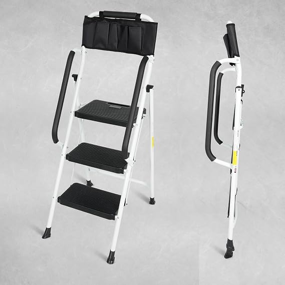 3 Step Ladder with Safety Handrails, Heavy Duty Folding Step Stool with Wide Anti-Slip Pedals & Feet, 500 lbs Capacity for Home & Office