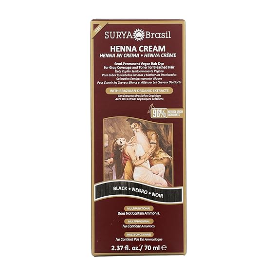 Surya Brasil Henna Cream Black - 96% Natural Ingredients, Vegan, Cruelty-Free, Eco-Friendly, Semi-Permanent Hair Color, Deep Hydration & Shine, 2.37 oz