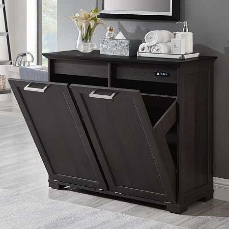 OLD CAPTAIN Double Tilt Out Trash Cabinet, Wooden Kitchen Garbage Can Free Standing Holder (Dark Brown+Black Top Panel)...