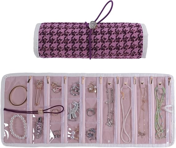 Travel Jewelry Organizer Roll with Zippered Pockets,Hangable | Tangle-Free Portable Jewelry Storage Bag for Women | Holder for Necklaces, Earrings, Rings, Bracelets (Berry Purple)