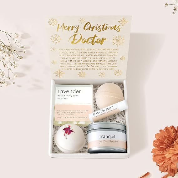 Dear Ava Spa Gifts for Women - Organic Self Care luxury Anti Stress Relaxing Bath and Body Kit Set Basket Box for Her with Heartfelt Card - Christmas Gift for Doctor