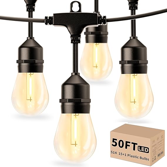 Svater Outdoor String Lights LED 14m, S14 Festoon Lights Mains Powered with 1W Plastic Bulbs, IP65 Waterproof Garden String Light for Patio Party Wedding, 2700K Warm White [Energy Class G]