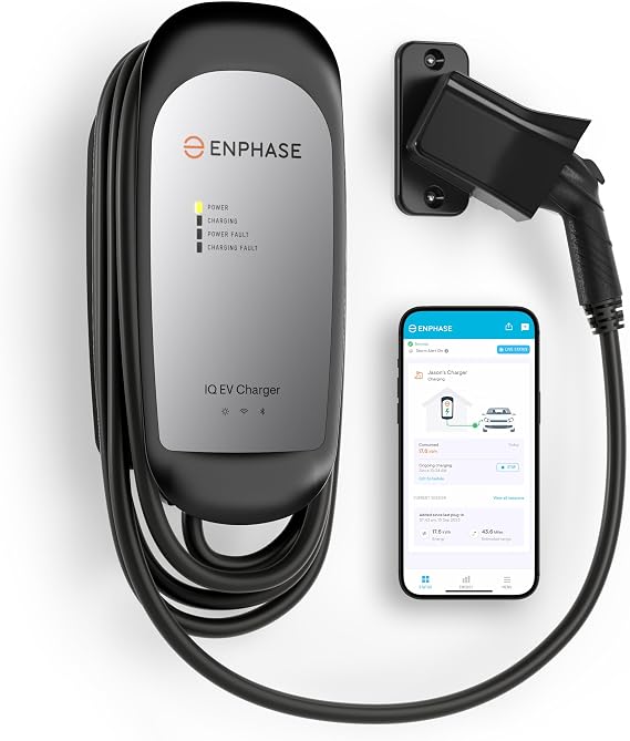 48 Amp Smart EV Charger - Enphase IQ 60, Hardwired, 11.5kW Power, 240V, Wi-Fi Connected, Safety Certified, 25ft Cable & Ruggedized J1772 Connector