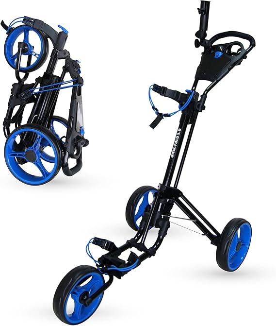 Qwik-Fold 3-Wheel Golf Push Cart with Foot Brake 1-Second Fold & Unfold Folding Golf Trolley, Lightweight Aluminum Frame, Adjustable Handle, Ball-Bearing Wheels, Umbrella Holder & Storage