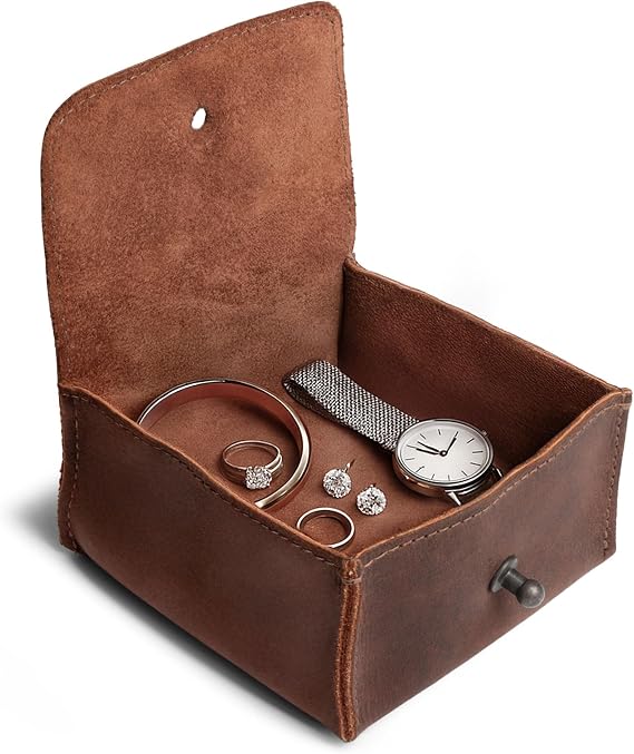 Hide & Drink, Jewelry Pouch, Mini Travel Size Box, Rings & Precious Articles Storage Organizer, Groom & Bridesmaid Wedding Gifts, Full Grain Leather, Handmade, Bourbon Brown