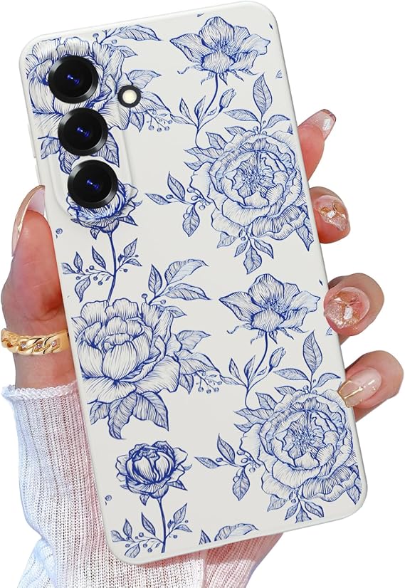 Samsung Galaxy S25 FE ケース キュート 花柄 フラワー レディース ガールズ ガーリー、ソフト シリコン ラバー ジェル フルカメラ 保護 耐衝撃 スリム スマホケース Galaxy S25 FE用、グレー/ブルー ローズ