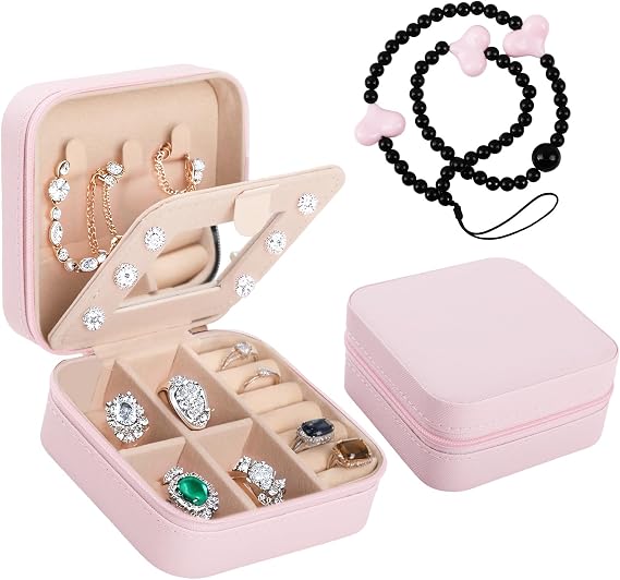 WD&amp;CD Travel Jewelry Case, Small Travel Jewelry Organizer, Portable Storage Organizer for Rings Earrings Necklaces Watch lipstick, Pink