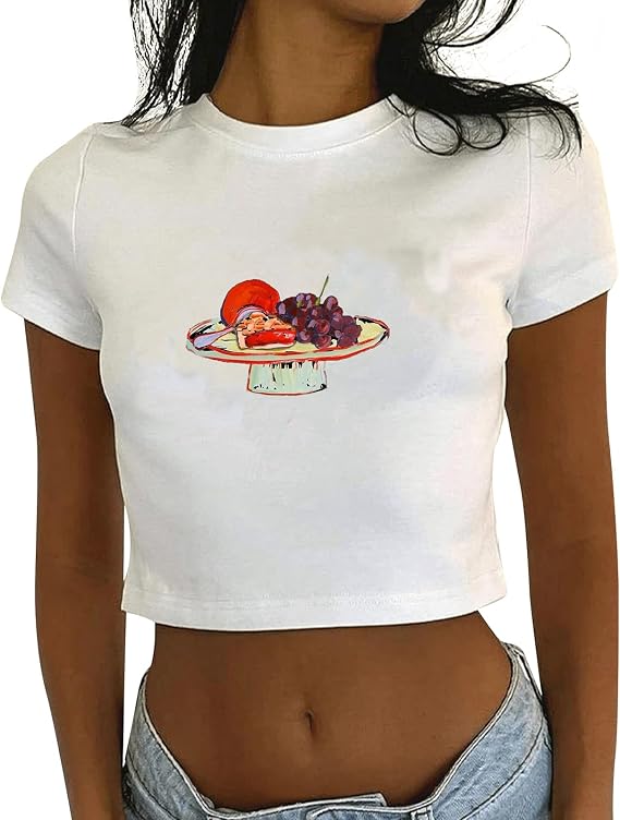Graphic Baby Tees for Women Y2k Tops Teen Girls Fruit Print Crop Tops Coastal Summer Clothes Vintage Aesthetic T Shirt