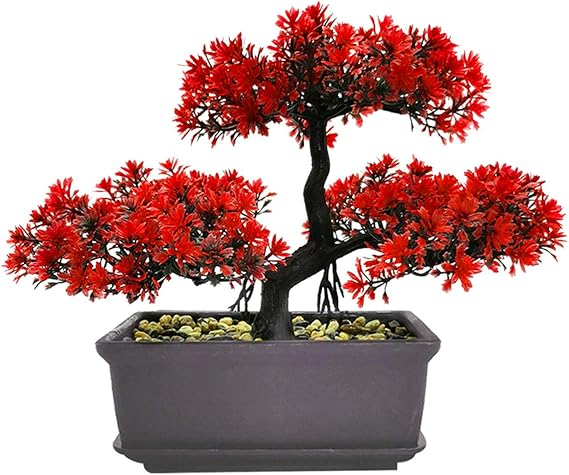 Artificial Bonsai Tree Fake Plants, Potted Faux Living Room Table Indoor Decor Japanese Simulation Pine Greeting Guests Potted for Home Decoration,Office/Windowsill/Yard(COLOR:Red)