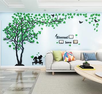 3D Wall Stickers DIY Family Photo Frame & Birds Wall Decals Murals Decor for Living Room & Bedroom (Frame Tree-Green Left, XL-137x70in)