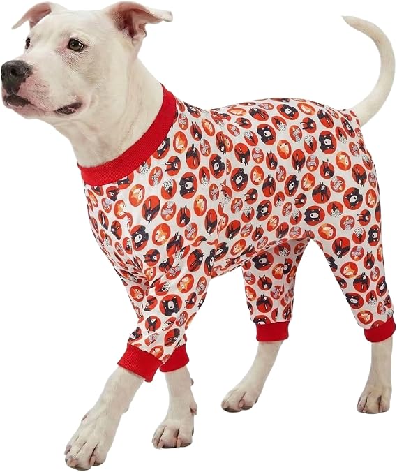 LovinPet Pitbull Pajamas, Dog Bodysuits, Forest Friends Red Print, XL