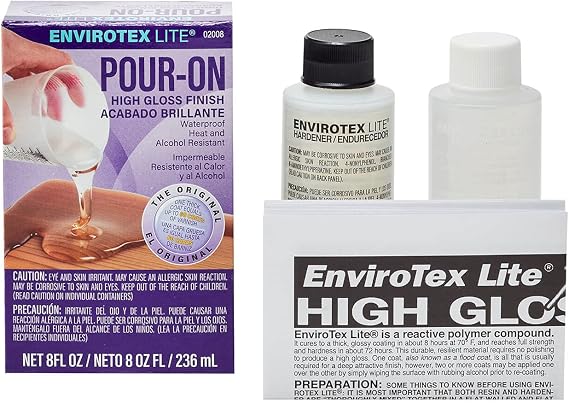 Environmental Technology EnviroTex Lite Pour-On High Gloss Finish [8 oz Kit] Crystal Clear Epoxy Coating for Tabletops / Countertops, Waterproof, Heat & Alcohol Resistant (4 oz Resin + 4 oz Hardener)