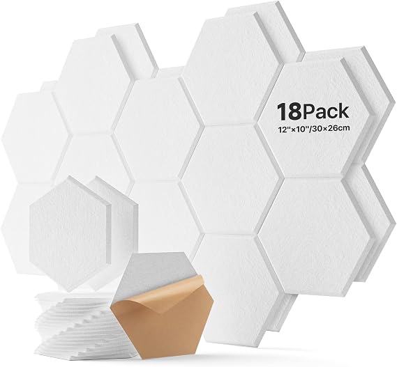 18 Pack Hexagon Acoustic Panels, Sound Proofing Panels Self-Adhesive, High Density Sound Absorbing Panels for Podcaster, Sound Recordist, Game Room 12" X 10" X 0.4"