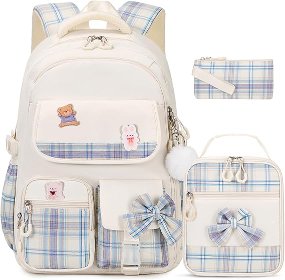 ACESAK Girls Backpack - 3PCS Backpack for Girls Cute School Backpacks for Kindergarten Elementary Preschool Middle Kids School Bags with Lunch Box Pencil Case Set (Beige)