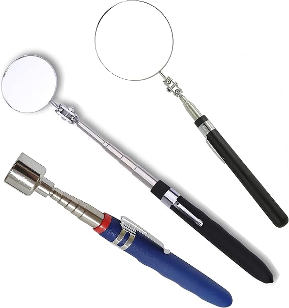 Inspection mirror telescoping Round Mirror 20 lb telescopic magnet, 85mm/50mm round mirror set Inspection Tool for Checking Vehicle, Observing Eyelashes Mouth and Other Small Parts Extended