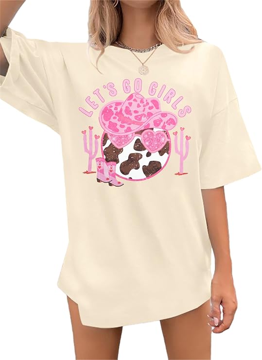 Oversized Western Cowgirl Shirts for Women Let's Go Girls Shirt Country Music Tee Hat Boots Short Sleeve Tops