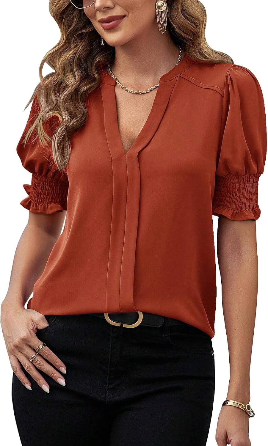 Womens Blouses Dressy Casual Puff Sleeve V Neck Tops Ruffle Pleated Business Work Chiffon Blouse Summer Shirts