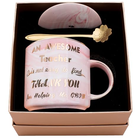Luspan Teacher Appreciation Gifts,Teacher Gifts for Women,Pink Marble Ceramic Teachers Mug 11.5oz and Lid